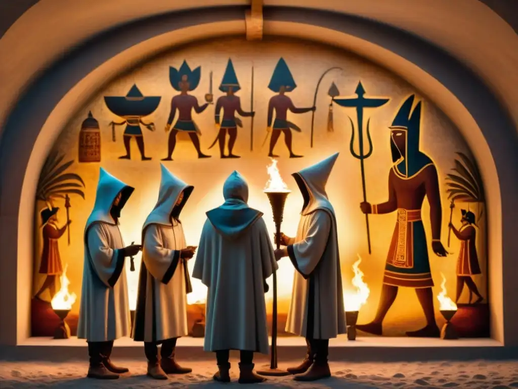 Mural ancestral: misteriosa ceremonia de iniciación Antiguo mural de rituales de iniciación en arte antiguo con figuras encapuchadas y antorchas en cámara sombría