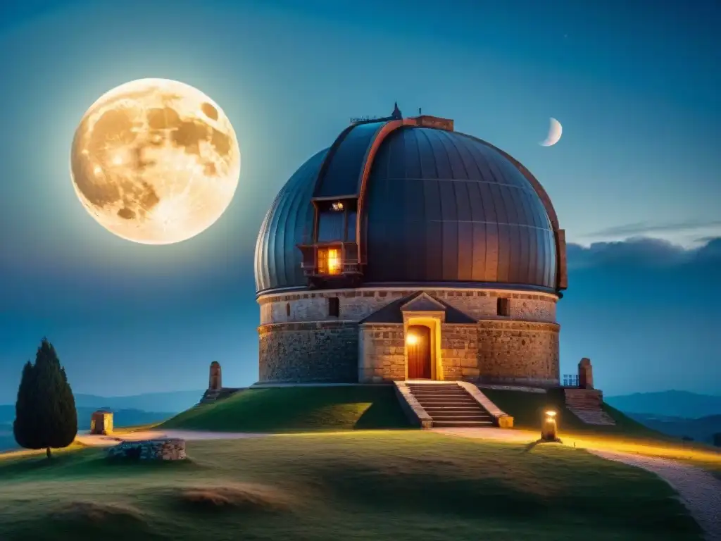 Antiguo observatorio astronómico iluminado por la luna llena, reflejando la influencia de las fases lunares en civilizaciones antiguas