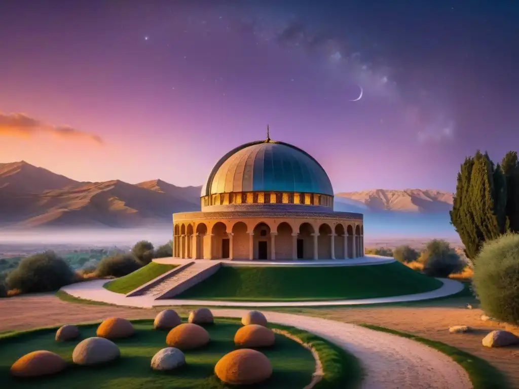 Observatorio astronómico persa: sabiduría estelar al atardecer Antiguo observatorio astronómico persa al atardecer, con grabados celestiales detallados, estudiosos y un cielo naranja y morado vibrante