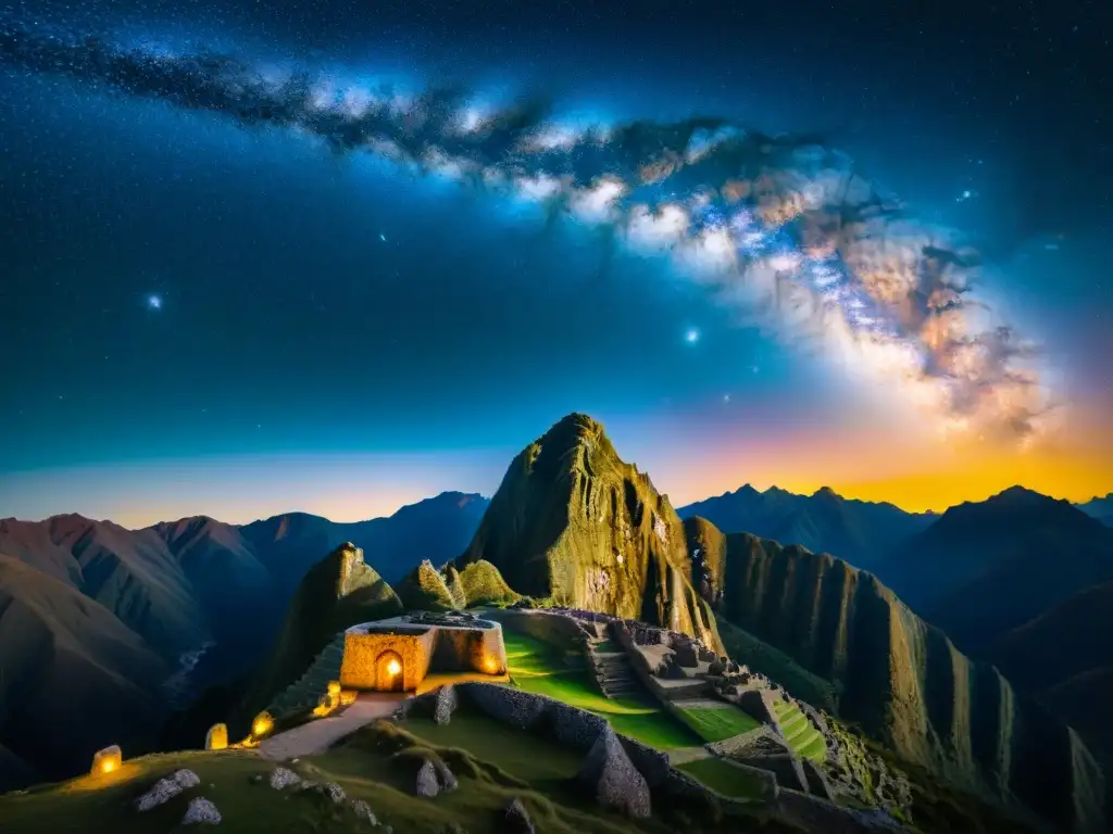 Antiguo observatorio inca en los Andes bajo la Vía Láctea, reflejando su conexión con la Astronomía en la mitología inca