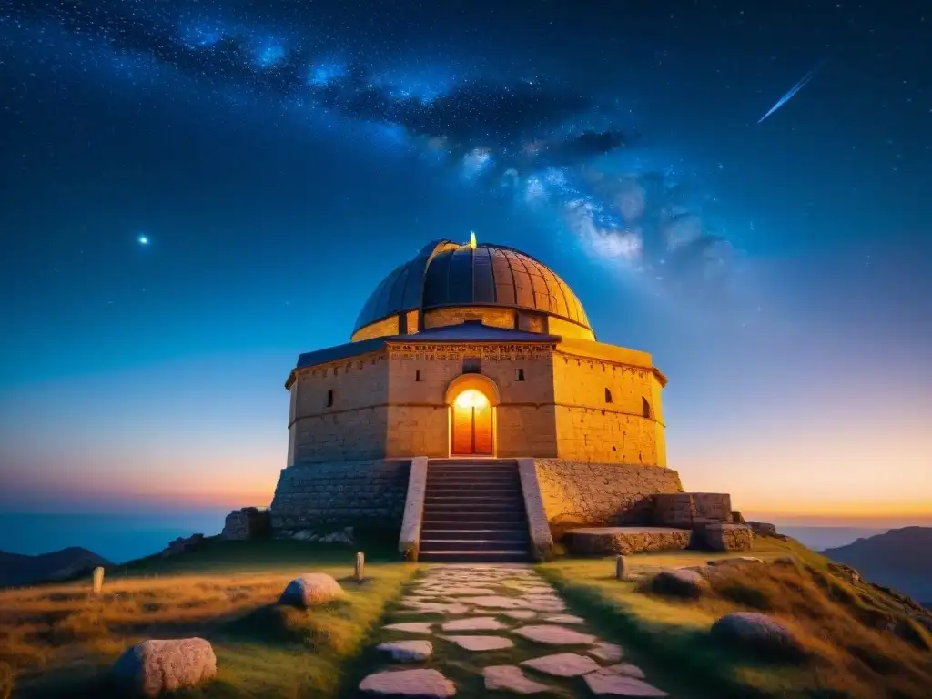 Antiguo observatorio de piedra con símbolos celestiales, bajo un cielo estrellado