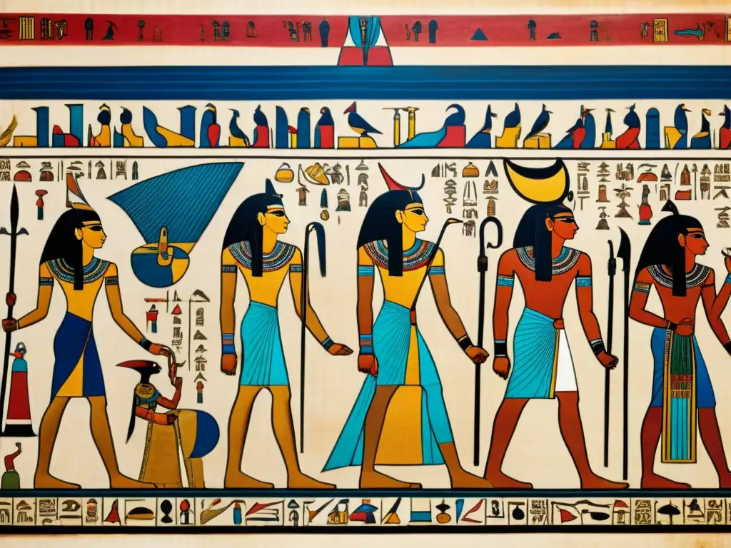 Hechizos y rituales: Papiro egipcio detallado Antiguo papiro egipcio desplegado con hieroglíficos y hechizos en vibrantes colores, revelando la magia en el Antiguo Egipto