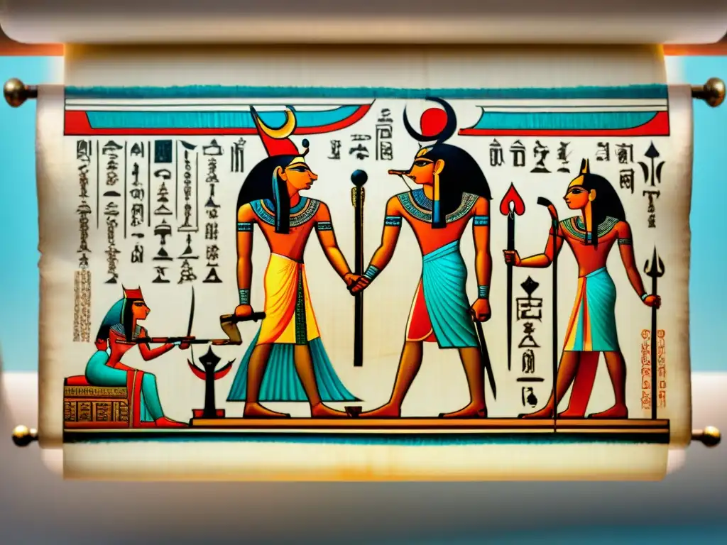 Antiguo papiro egipcio desplegado, detallados jeroglíficos de Thoth, dios ibis de la sabiduría perdida Thoth Hermes Trismegisto