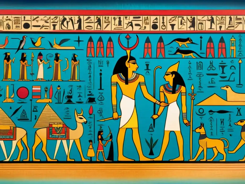 Pergamino egipcio antiguo con hechizos y criaturas místicas Antiguo papiro egipcio con hechizos y criaturas místicas: Magia en el Antiguo Egipto