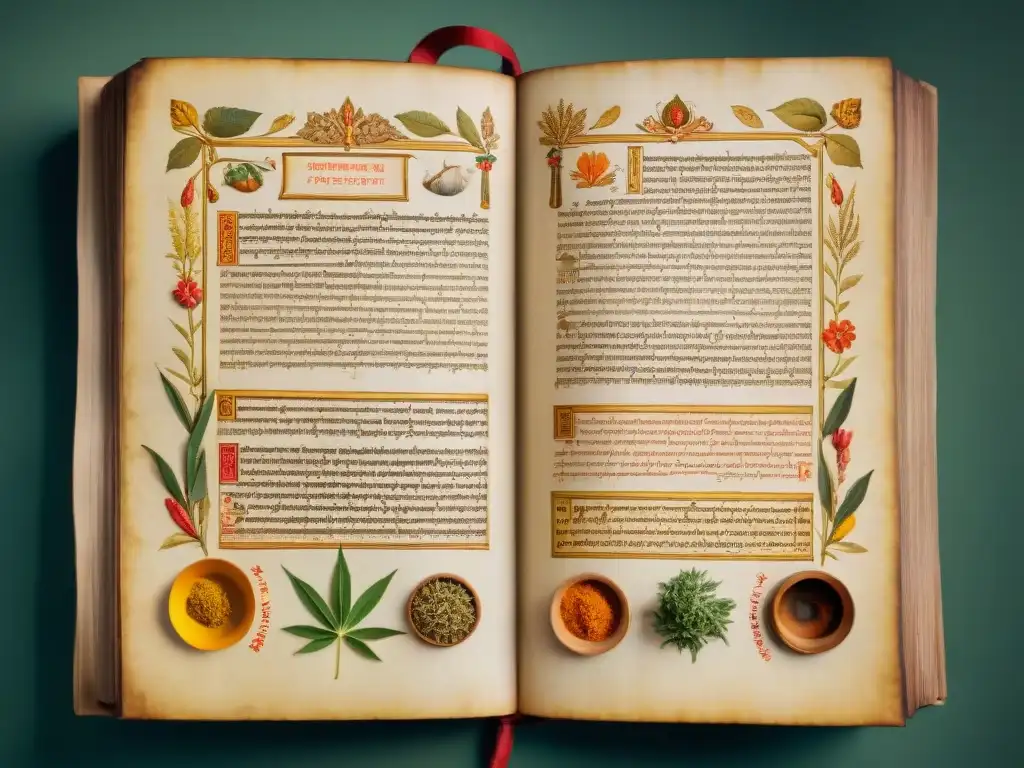 Antiguo pergamino Ayurveda con secretos de la India: texto sánscrito e ilustraciones detalladas de hierbas medicinales y anatomía humana