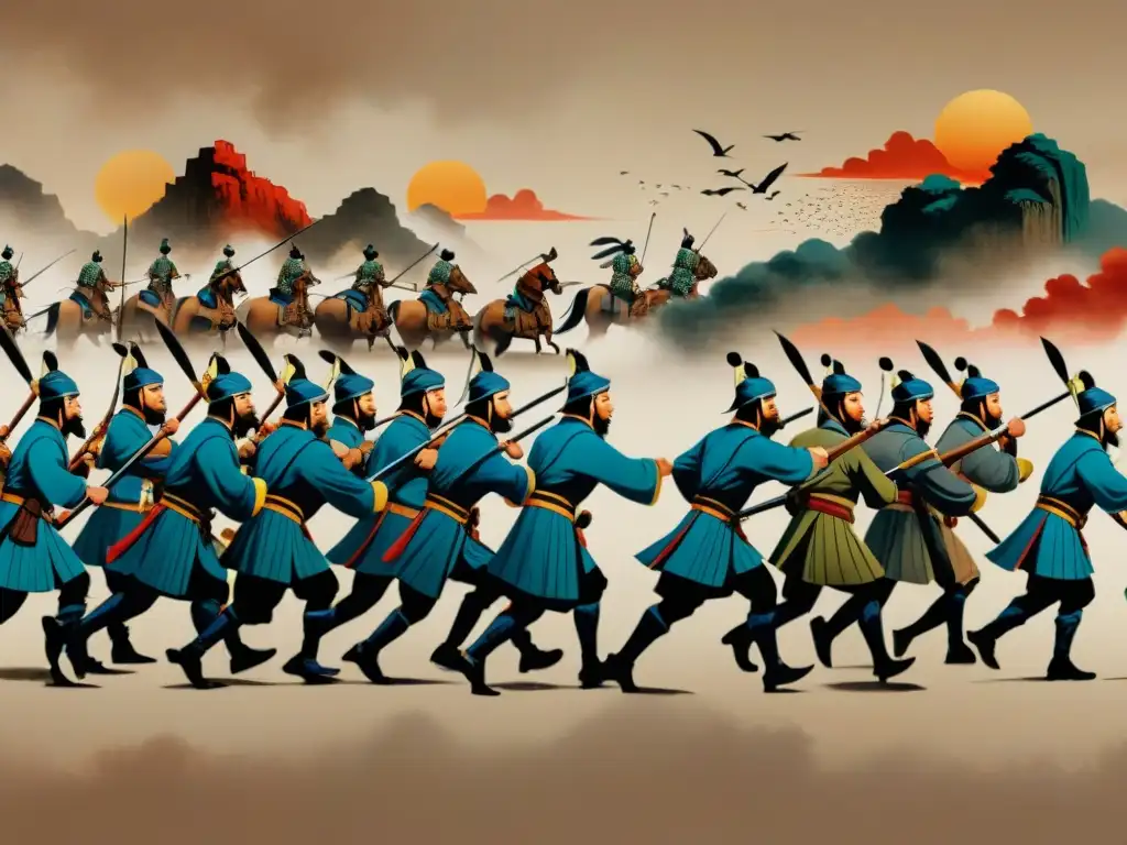 Rollos chinos milenarios: estrategia y sabiduría de Sun Tzu Antiguo pergamino chino con estrategias éticas de Sun Tzu en caligrafía, escena de batalla detallada y sabiduría atemporal