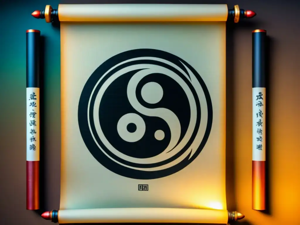 Antiguo pergamino chino con el símbolo yinyang rodeado de trigramas del I Ching, detallada caligrafía y colores vibrantes, Adivinación con I Ching