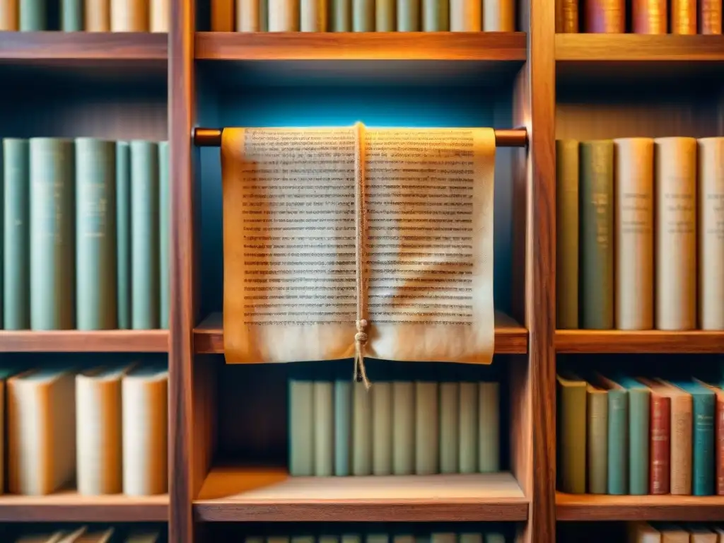 Antiguo pergamino con textos cifrados en Biblioteca de Herculano, iluminado por luz cálida en biblioteca oscura