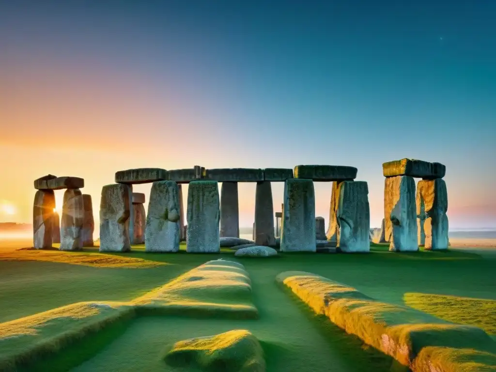 Stonehenge antiguo al amanecer, con las piedras silueteadas en el cielo matutino