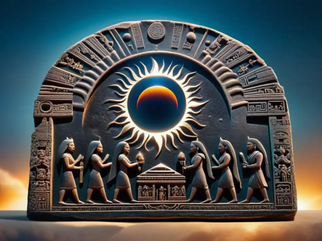 Antiguo relieve de un eclipse solar con deidades y símbolos celestiales
