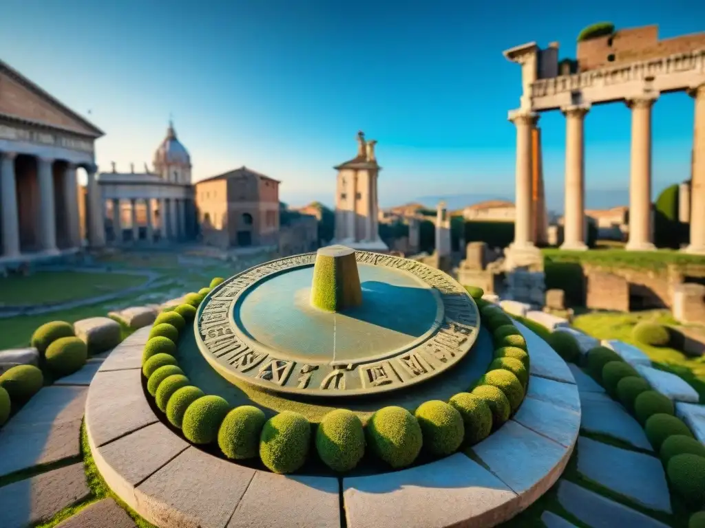 Un antiguo reloj de sol en Roma, con detallados grabados y números romanos, en un cielo azul