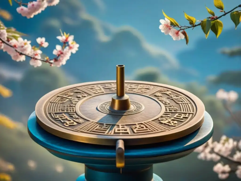 Sundial chino de bronce: arte celestial y naturaleza Un antiguo reloj solar chino de bronce con símbolos celestiales y caracteres chinos, en un jardín tradicional con cerezos en flor