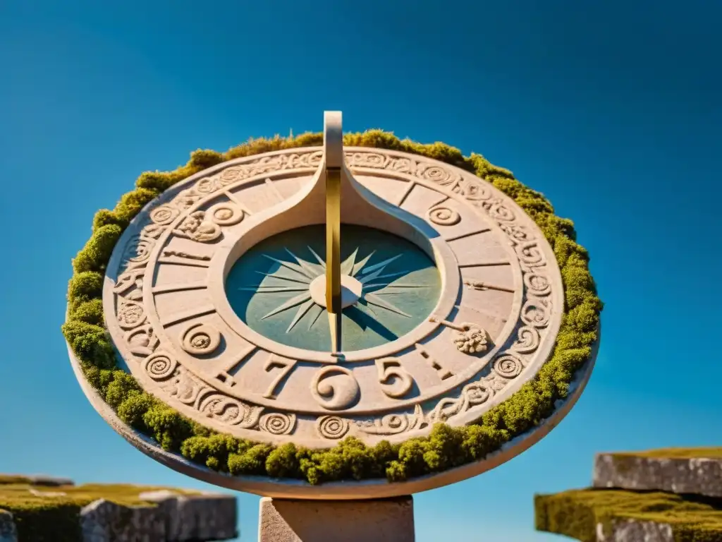 Reloj de sol griego: maravilla milenaria bajo el cielo azul Antiguo reloj solar griego de mármol, con intrincadas figuras y patrones celestiales