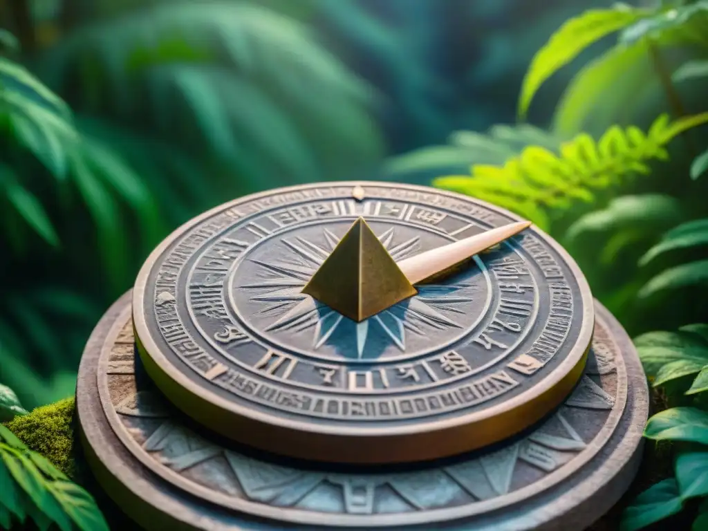 Sundial de piedra antiguo en la selva exuberante Antiguo reloj solar de piedra con símbolos celestiales en la jungla, resaltando la cronomanía en civilizaciones antiguas