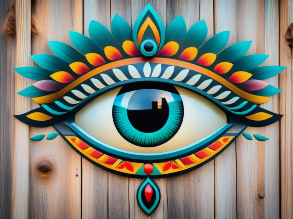 Un antiguo símbolo tribal del ojo que ve, pintado en madera gastada, revela el significado y detalle artístico de la cultura