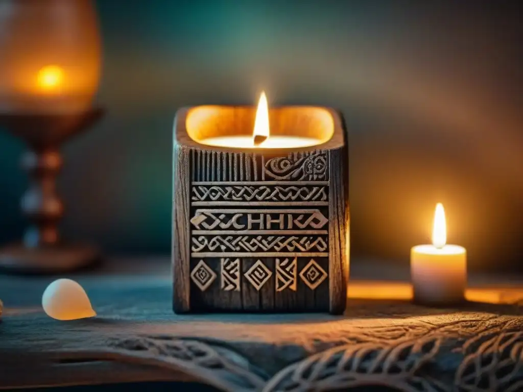 Antiguo símbolos celtas en estave iluminado por velas en altar de piedra, evocando rituales adivinación celta