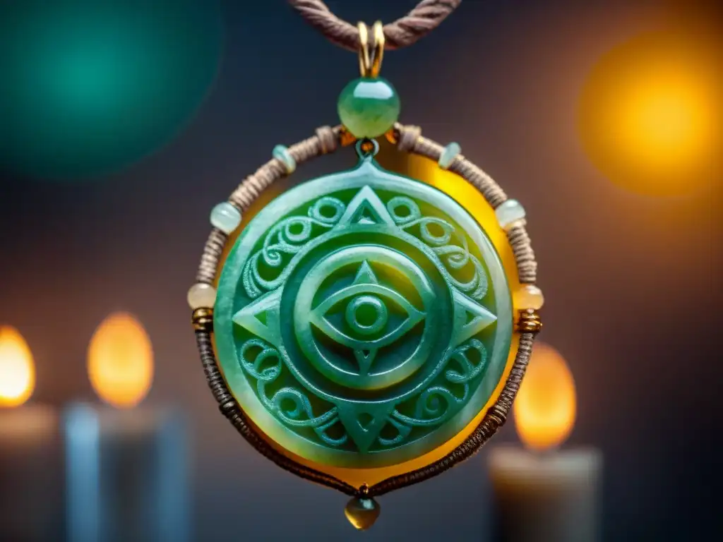 Un antiguo talismán de jade con símbolos protector y contra el Mal de Ojo, iluminado por velas, evocando misterio y sabiduría ancestral