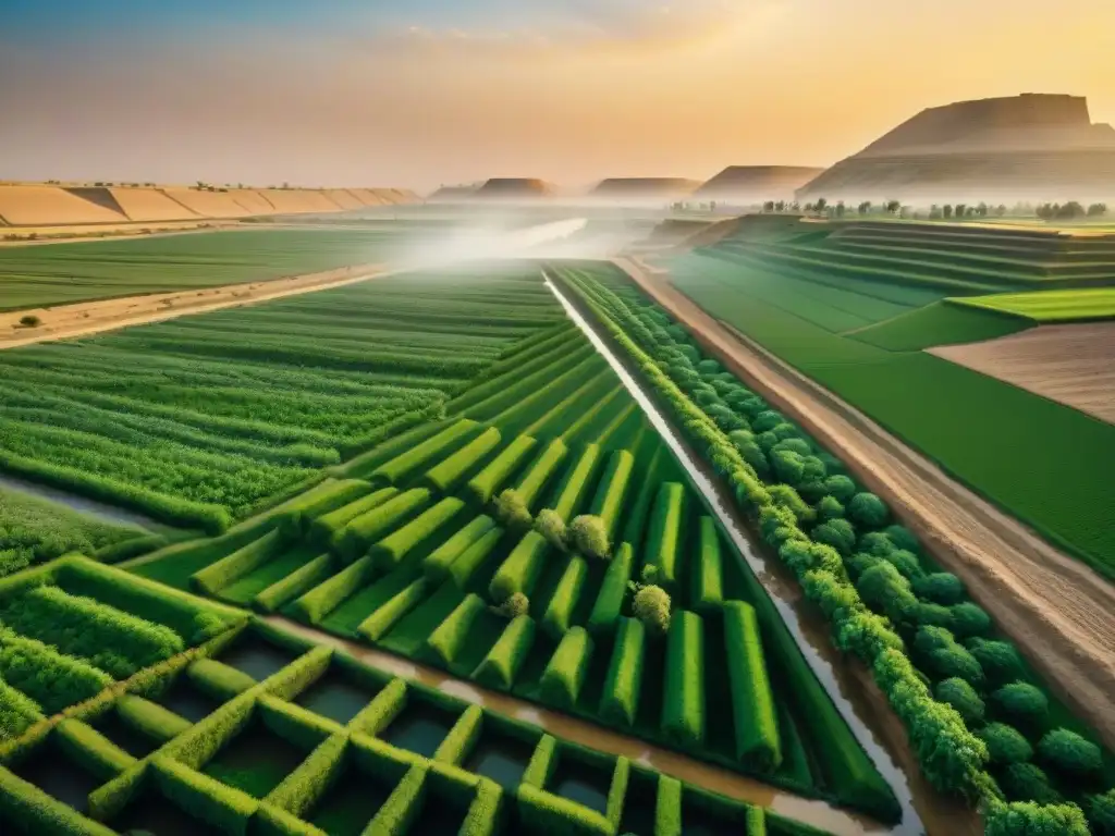 Un antiguo sistema de irrigación en Oriente: canales, campos verdes y ziggurats al atardecer