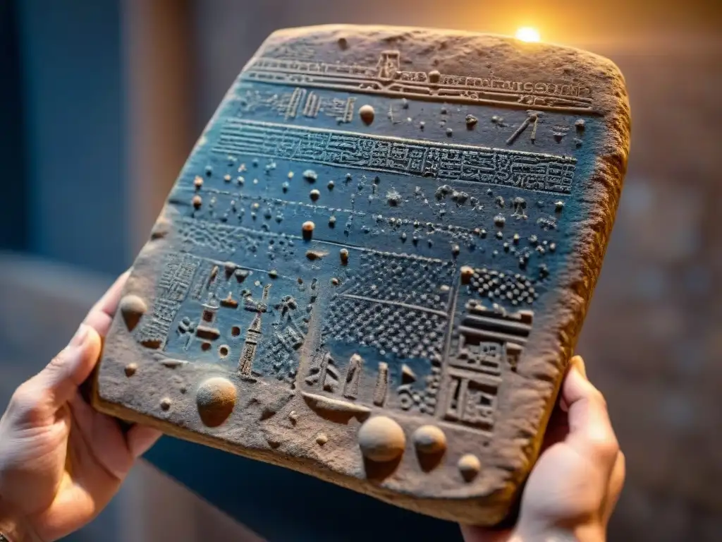 Antiguo tablet de arcilla con mapa astronómico de Mesopotamia y constelaciones perdidas, iluminado por luz de vela