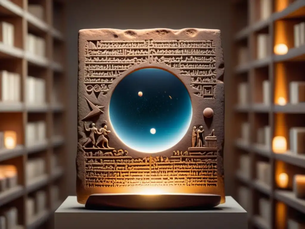 Un antiguo tablet babilónico con símbolos cuneiformes, rodeado de eruditos estudiando un eclipse solar en una habitación iluminada por velas