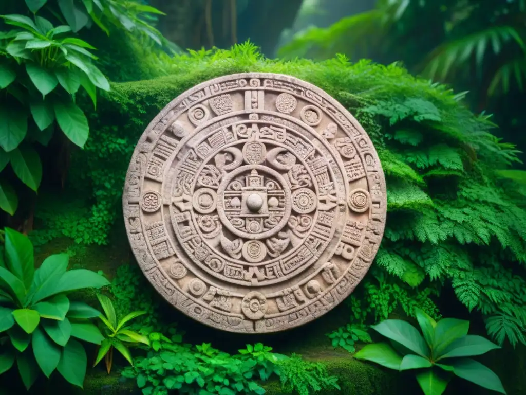 Antiguo tallado maya de un detallado calendario celestial, mostrando el concepto tiempo lineal vs circular en civilizaciones antiguas