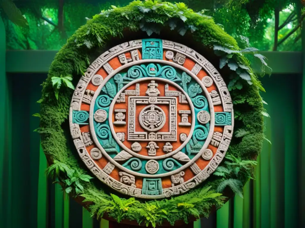 Antiguo tallado de piedra del calendario maya, con colores vibrantes y símbolos celestiales