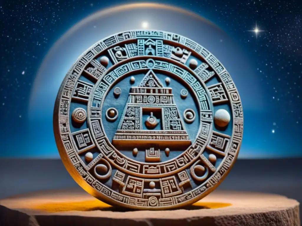 Antiguo tallado de piedra maya con misteriosas astrología y civilizaciones antiguas