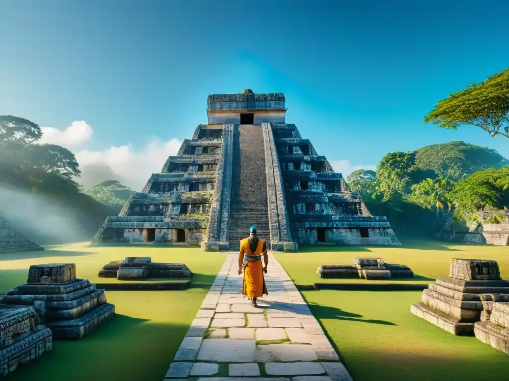 Un antiguo templo majestuoso de los mayas rodeado de exuberante vegetación, con tallados e intrincadas estructuras de piedra, bajo un cielo azul claro