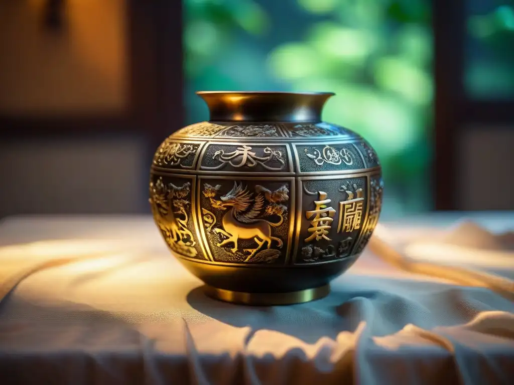 Antiguo vaso de bronce chino con símbolos místicos, en tela de seda, iluminado por luz suave en jardín chino