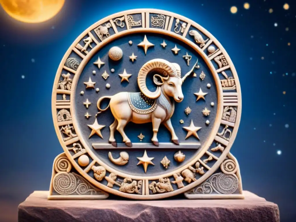 Antiguo zodiaco tallado en piedra con signo Aries rodeado de símbolos astrológicos detallados