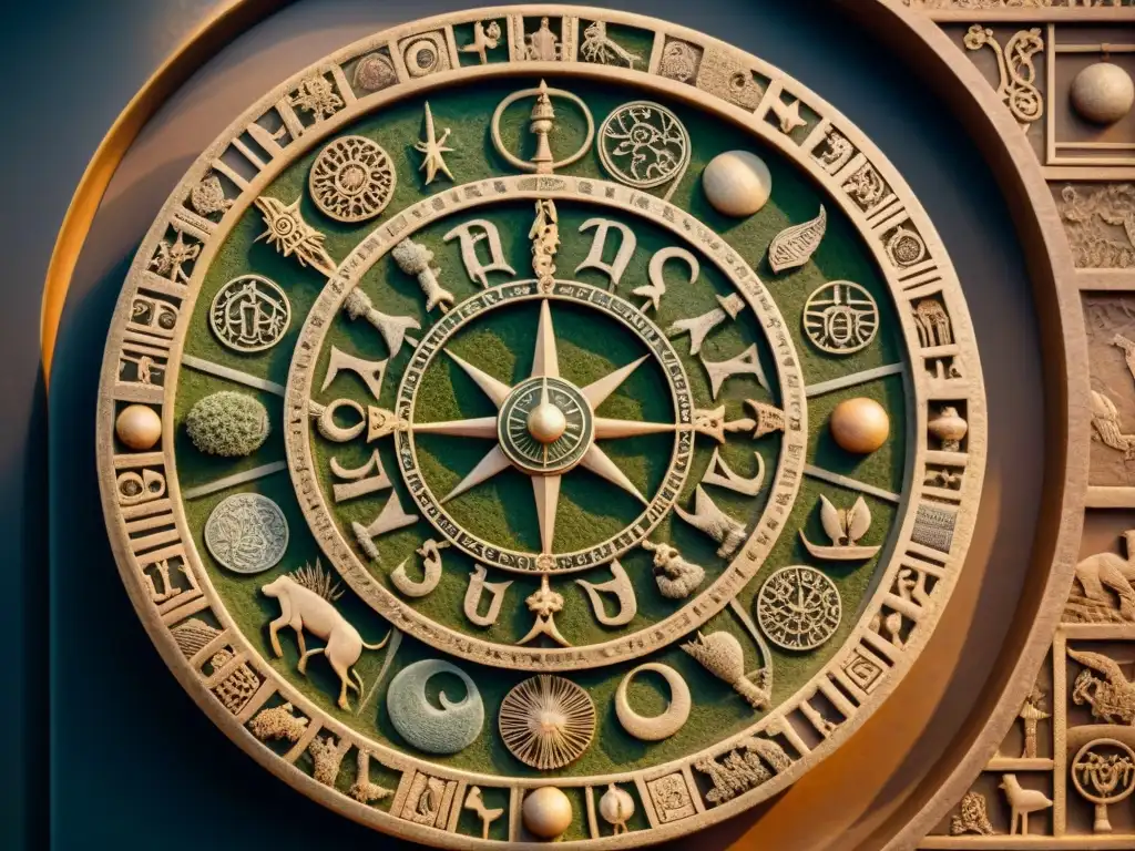 Antiguo zodiaco tallado en piedra con símbolos celestiales y pátinas terrosas, evocando la astrología antigua poder predictivo