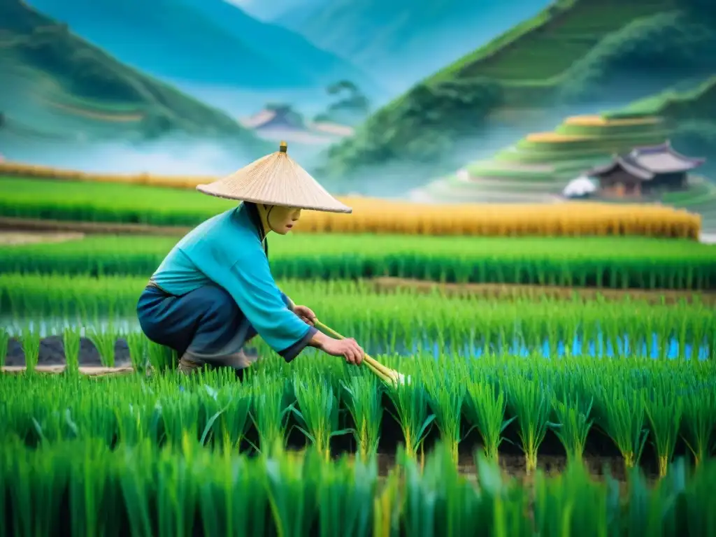 Antiguos agricultores chinos trabajando en arrozales con técnicas agrícolas tradicionales, bajo cielo azul