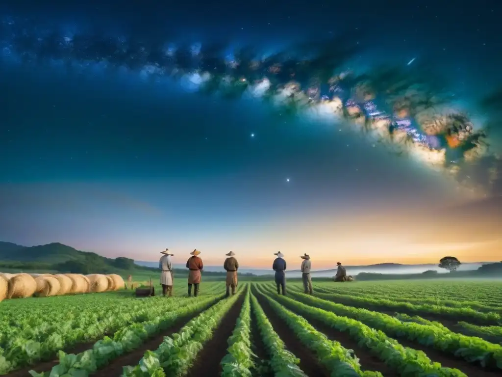 Antiguos agricultores observando el cielo nocturno con Júpiter brillando, resaltando el significado de los ciclos para los agricultores