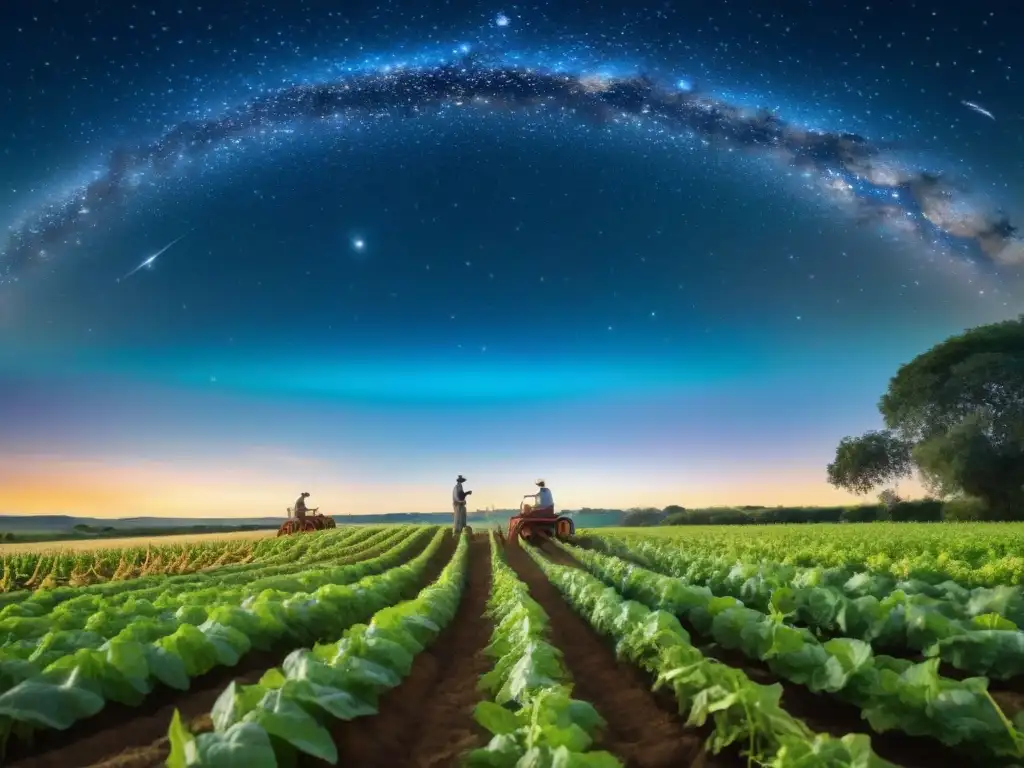 Antiguos agricultores guían cosechas con astrología bajo un cielo estrellado y herramientas ancestrales