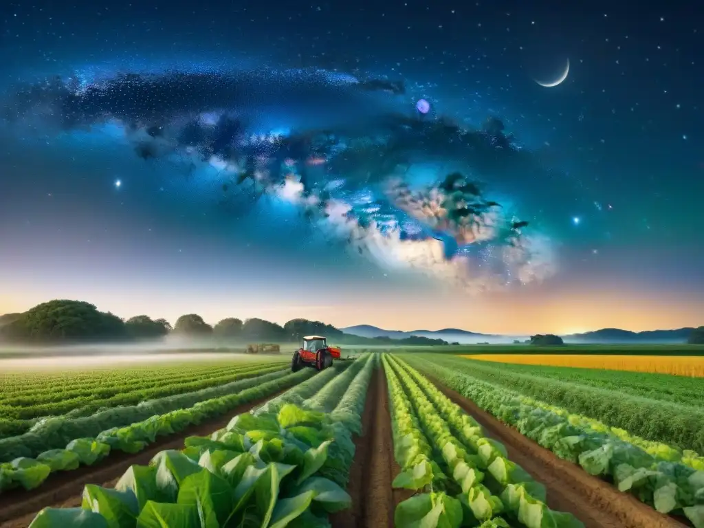 Antiguos agricultores protegen cosechas con astrología, en armonía con la naturaleza bajo un cielo estrellado