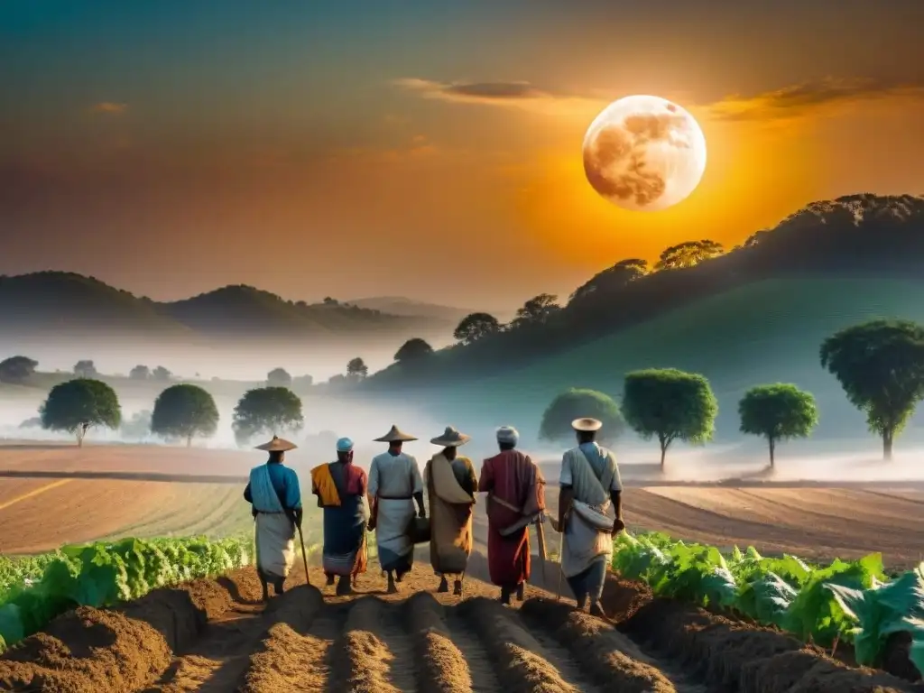 Antiguos agricultores observan un eclipse solar en un escenario místico