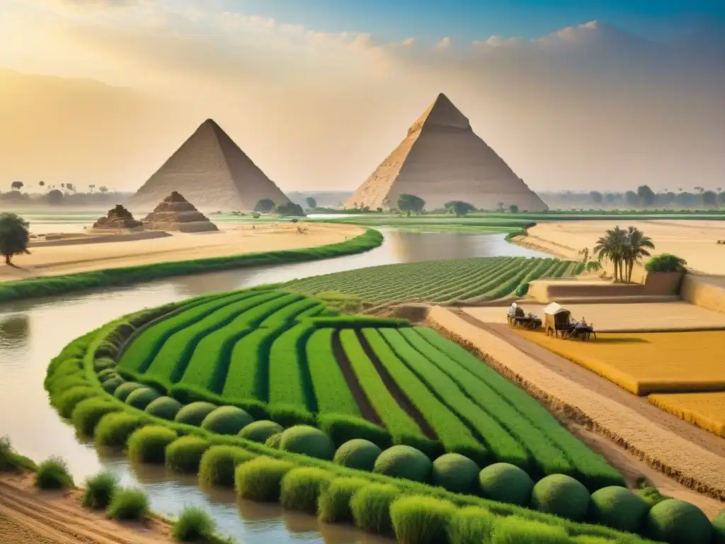 Antiguos agricultores egipcios trabajando en campos fértiles a lo largo del Nilo, con las Pirámides de Giza al fondo