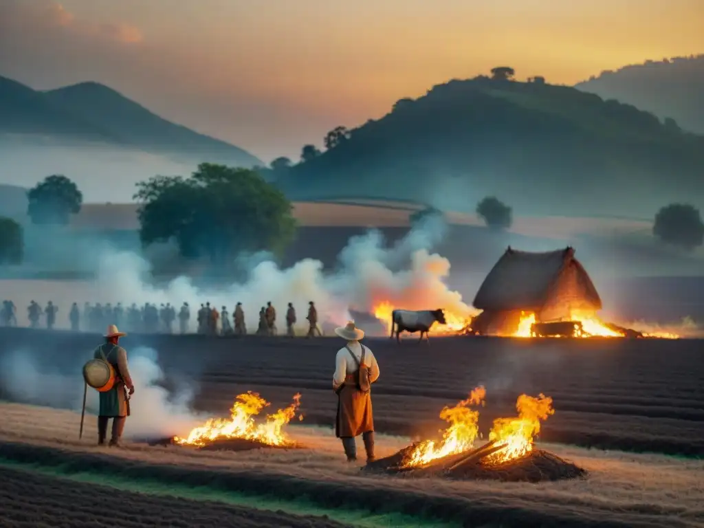 Antiguos agricultores controlan el fuego en campos al anochecer, mostrando el uso del fuego en civilizaciones