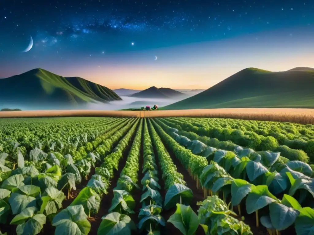 Antiguos agricultores maravillados por la astrología en cosechas antiguas bajo un cielo estrellado y exuberante