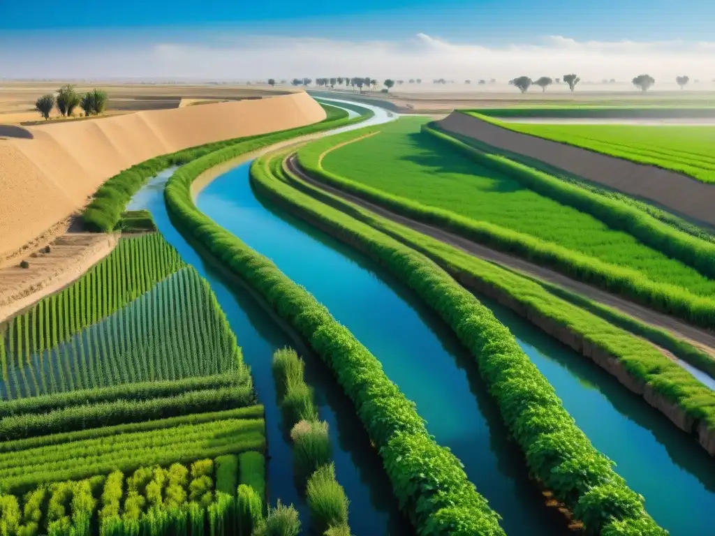 Antiguos agricultores mesopotámicos usando técnicas de riego innovadoras en campos fértiles