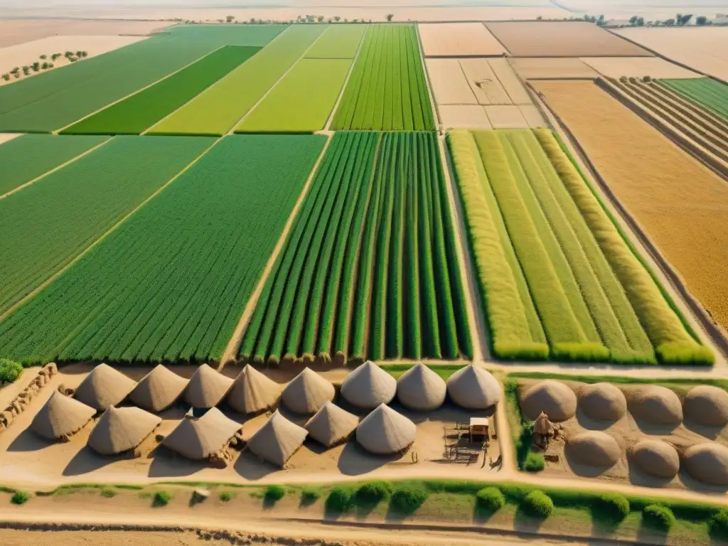 Antiguos agricultores sumerios trabajando en campos fértiles junto al río Éufrates