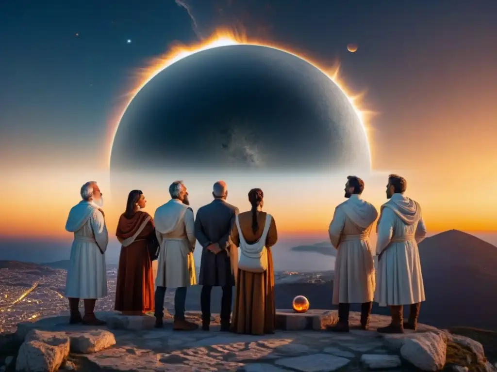 Antiguos astrónomos griegos observando un eclipse solar desde un templo de mármol, con mapas celestes y instrumentos científicos