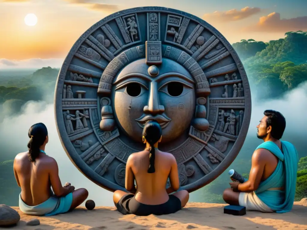 Antiguos astrónomos mayas observando un eclipse solar, rodeados de profecías y símbolos celestiales