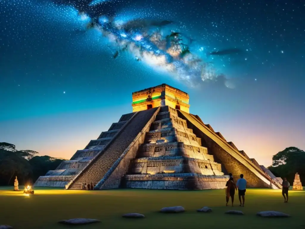 Antiguos astrónomos mayas en navegación estelar bajo la luna en templo majestuoso, rodeados de jeroglíficos