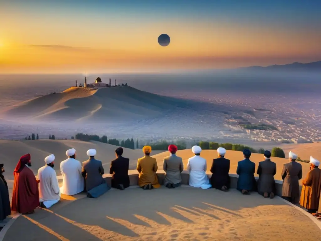 Observación de eclipse solar en Persia antigua: tradición y asombro Antiguos astrónomos persas observan un eclipse solar con instrumentos y pergaminos, en un observatorio persa con minaretes