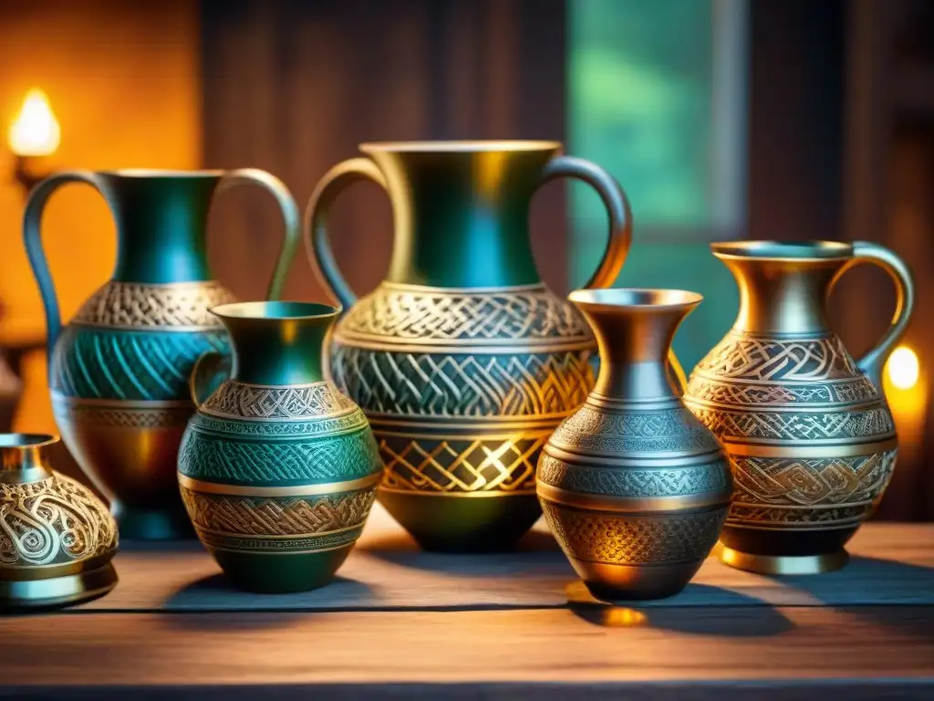 Antiguos cálices celtas tallados en madera y metal en mesa rústica, iluminados por velas