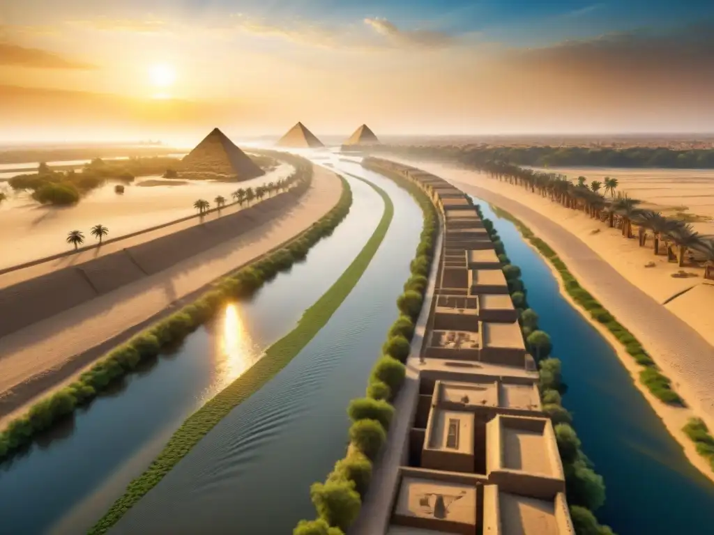 Construcción de canales en el antiguo Egipto: ingeniería en el Nilo Antiguos egipcios construyen canales a orillas del Nilo bajo el sol abrasador