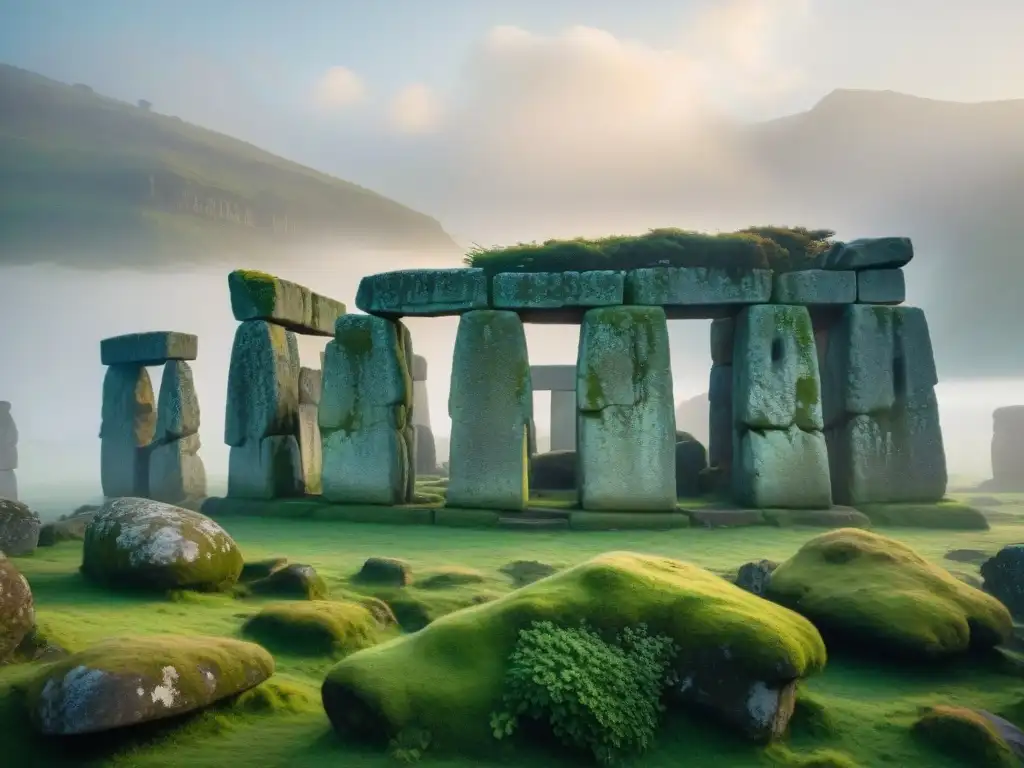 Antiguos megalitos prehistóricos en la neblina del amanecer, con enigmáticas inscripciones y un aura misteriosa