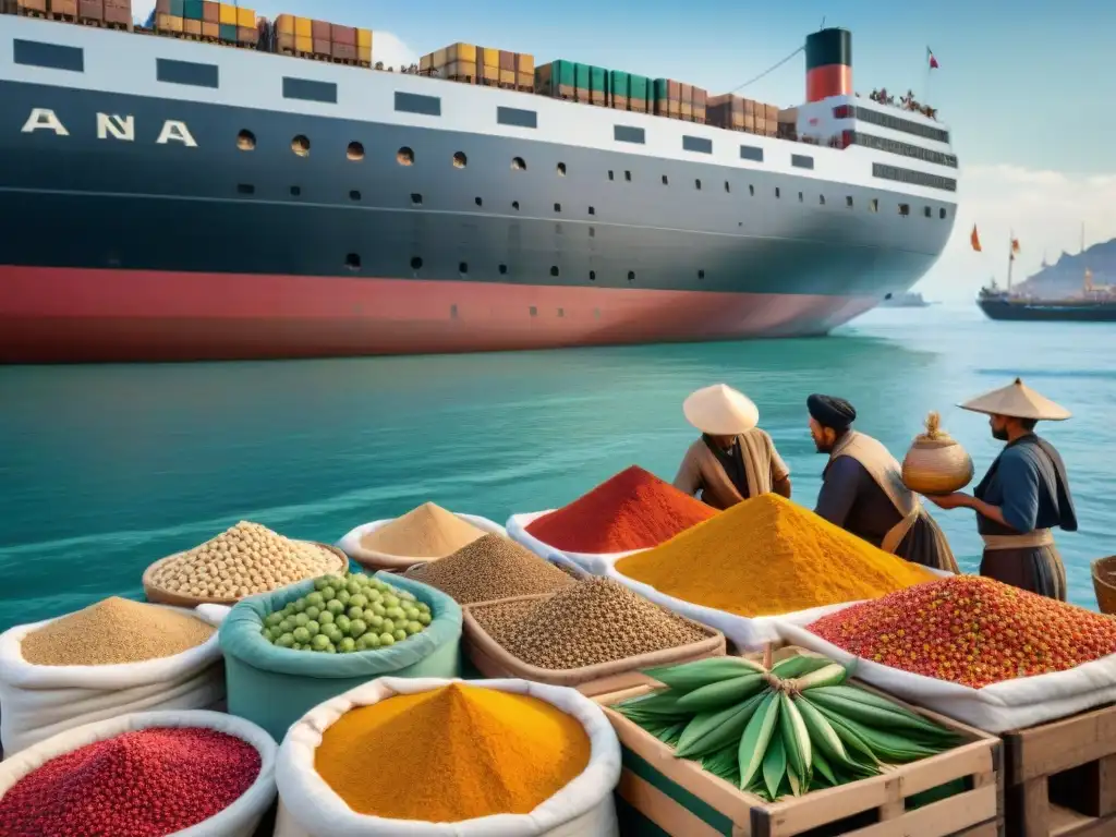 Antiguos mercaderes descargan alimentos exóticos en un puerto bullicioso, creando un tapiz de sabores y aromas