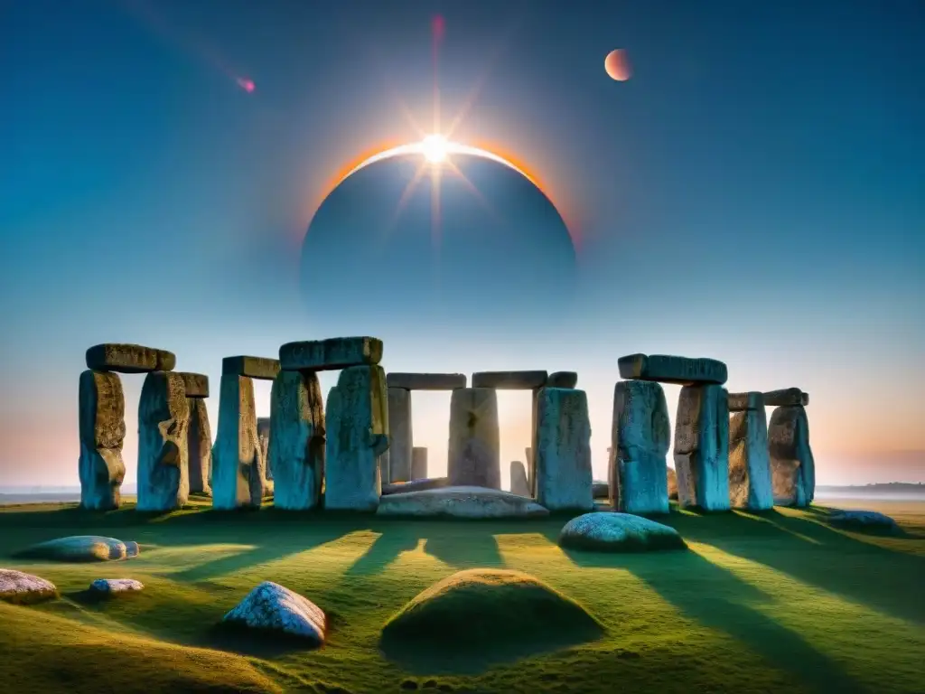 Antiguos misterios en Stonehenge durante un eclipse solar, con sombras misteriosas y la corona solar